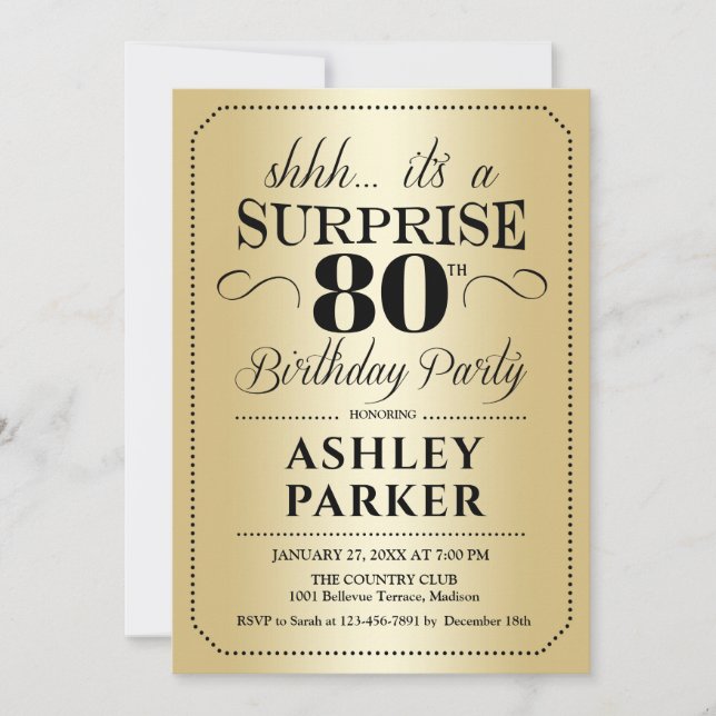 Surprise 80th Birthday Party - Gold Invitation (Front)