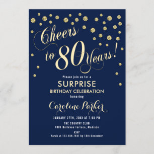 Surprise 80th Birthday Party - Gold Navy Invitation