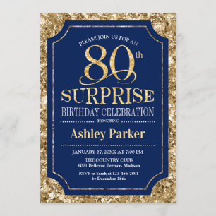 Surprise 80th Birthday Party - Gold Navy Invitation
