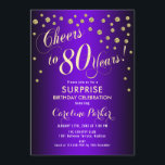 Surprise 80th Birthday Party - Gold Purple Invitation<br><div class="desc">Surprise 80th Birthday Party Invitation.
Elegant design with faux glitter gold and purple. Features script font and confetti. Cheers to 80 Years! Message me if you need a custom age.</div>