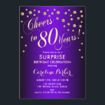Surprise 80th Birthday Party - Gold Purple Invitation<br><div class="desc">Surprise 80th Birthday Party Invitation.
Elegant design with faux glitter gold and purple. Features script font and confetti. Cheers to 80 Years! Message me if you need a custom age.</div>