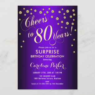 Surprise 80th Birthday Party - Gold Purple Invitation