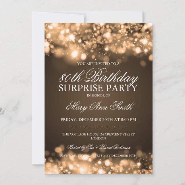 Surprise 80th Birthday Party Gold Sparkling Lights Invitation (Front)