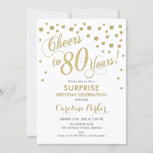 Surprise 80th Birthday Party _ Gold White Invitation