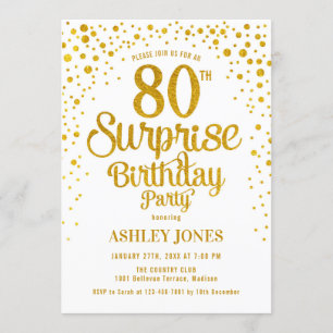 Surprise 80th Birthday Party - Gold & White Invitation