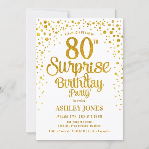 Surprise 80th Birthday Party _ Gold  White Invitation