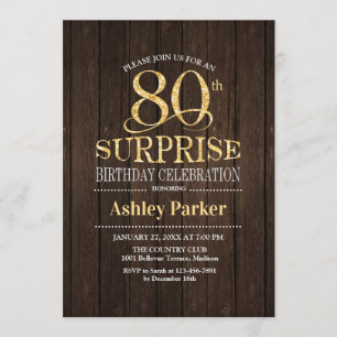 Surprise 80th Birthday Party - Gold Wood Invitation