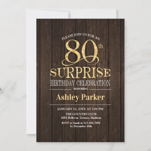Surprise 80th Birthday Party _ Gold Wood Invitation