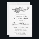 SURPRISE 80th Birthday Party Golf Theme Invitation<br><div class="desc">Elegant black and white birthday invitation for a golfer. The top of the invitation is decorated with golf accessories - a golf club, golf ball, hat and gloves. The watercolor design creates a traditional and classic aesthetic. Perfect for a birthday bash at the club or a backyard BBQ. All of...</div>