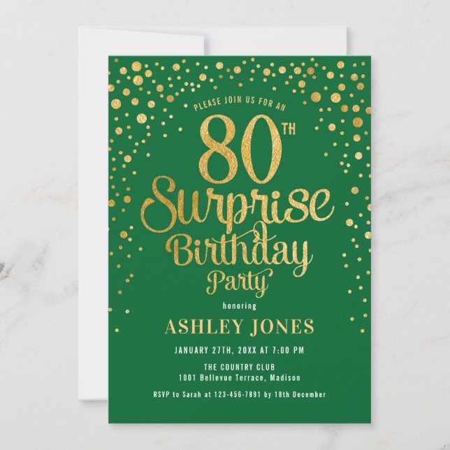 Surprise 80th Birthday Party - Green & Gold Invitation (Front)