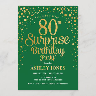 Surprise 80th Birthday Party - Green & Gold Invitation