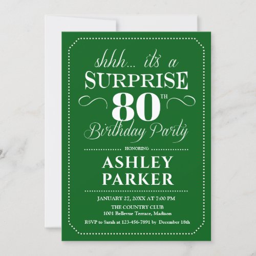 Surprise 80th Birthday Party _ Green White Invitation