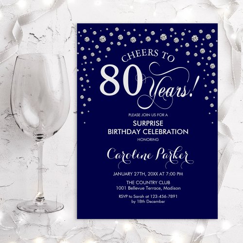 Surprise 80th Birthday Party _ Navy Blue Silver Invitation