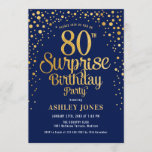 Surprise 80th Birthday Party - Navy & Gold Invitation<br><div class="desc">Surprise 80th Birthday Party Invitation.
Elegant design in navy and faux glitter gold. Features stylish script font and confetti. Message me if you need custom age.</div>