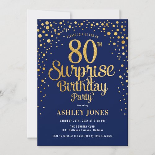 Surprise 80th Birthday Party _ Navy  Gold Invitation