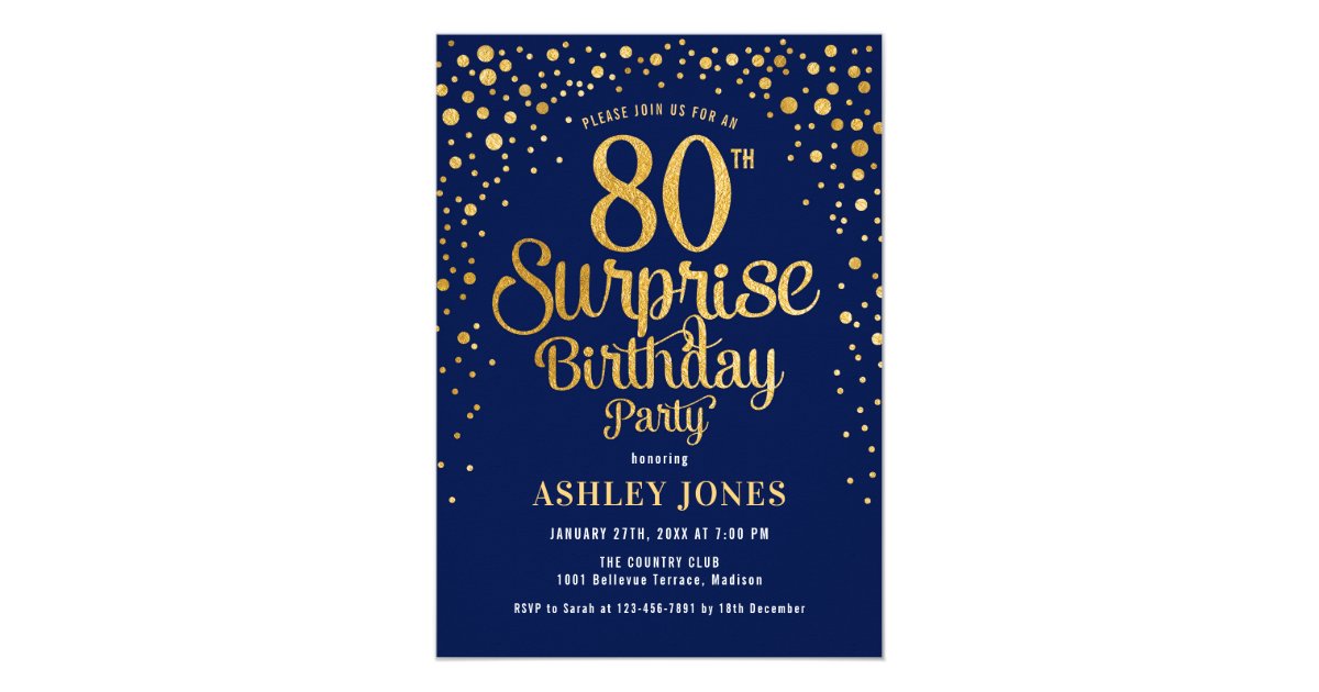 Surprise 80th Birthday Party - Navy & Gold Invitation | Zazzle.com