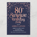 Surprise 80th Birthday Party - Navy & Rose Gold Invitation<br><div class="desc">Surprise 80th Birthday Party Invitation.
Elegant design in navy and faux glitter rose gold. Features stylish script font and confetti. Message me if you need custom age.</div>