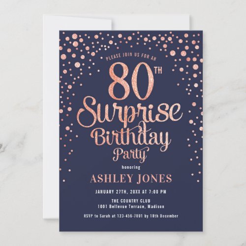 Surprise 80th Birthday Party _ Navy  Rose Gold Invitation