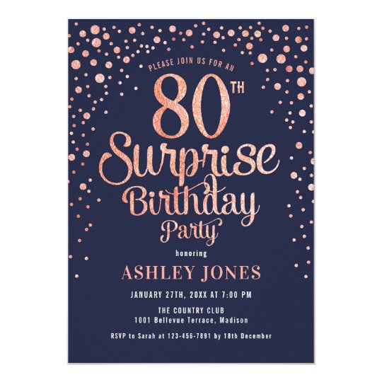 Surprise 80th Birthday Party - Navy & Rose Gold Invitation | Zazzle.com