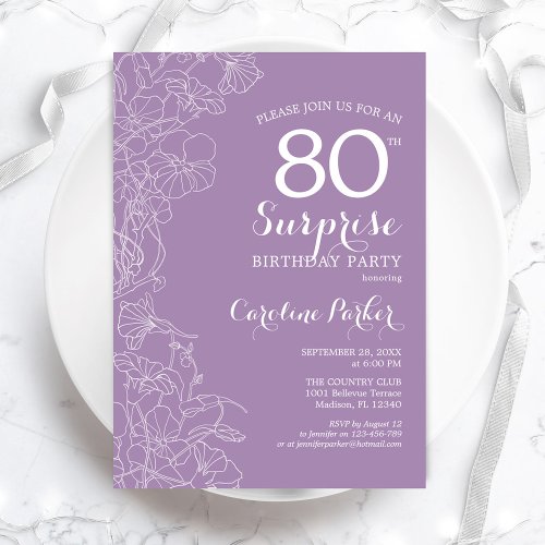 Surprise 80th Birthday Party _ Purple Floral Invitation