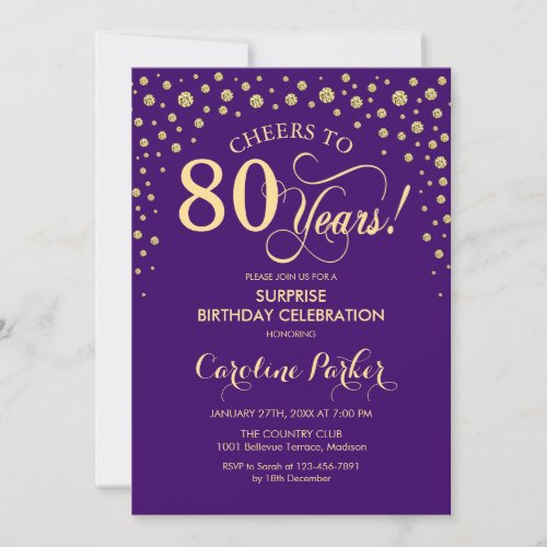 Surprise 80th Birthday Party _ Purple Gold Invitation
