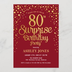 Surprise 80th Birthday Party - Red & Gold Invitation