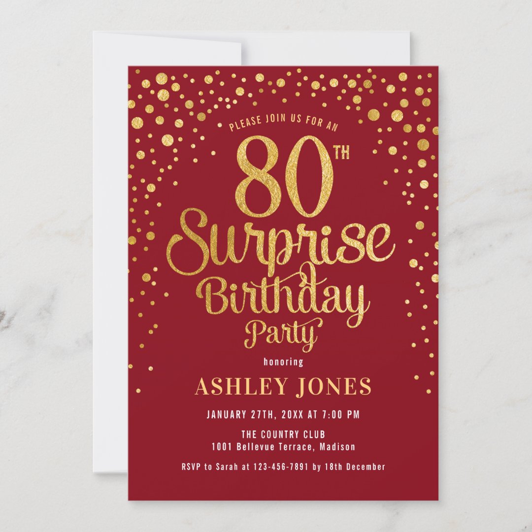 Surprise 80th Birthday Party Red And Gold Invitation Zazzle