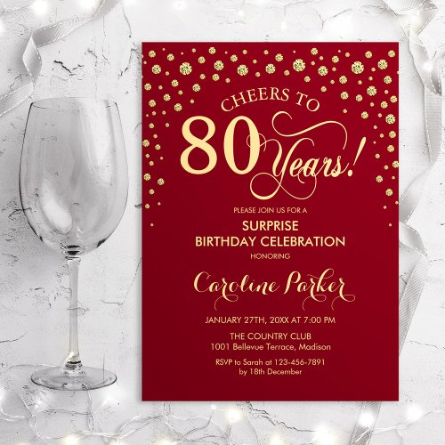 Surprise 80th Birthday Party _ Red Gold Invitation