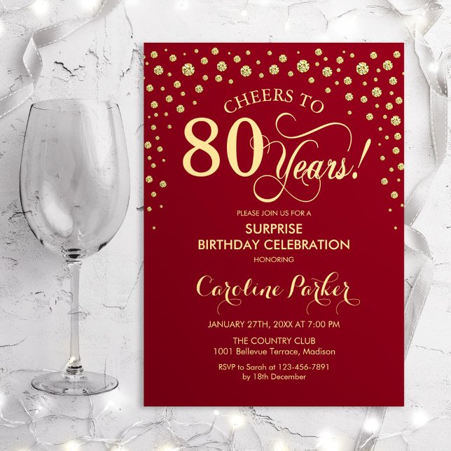 Surprise 80th Birthday Party - Red Gold Invitation (Creator Uploaded)