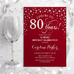 Surprise 80th Birthday Party - Red Silver Invitation<br><div class="desc">Surprise 80th Birthday Party Invitation.
Elegant design in red and faux glitter silver. Features script font and diamonds confetti. Cheers to 80 Years! Message me if you need further customization.</div>
