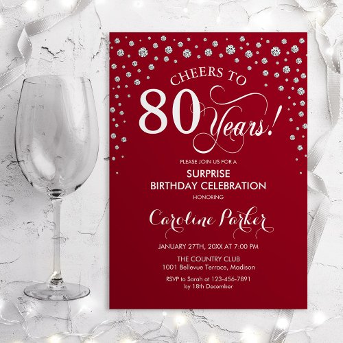 Surprise 80th Birthday Party _ Red Silver Invitation