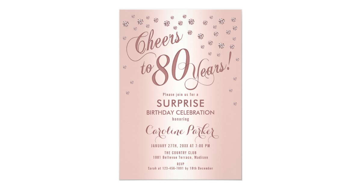 Surprise 80th Birthday Party - Rose Gold Invitation | Zazzle.com