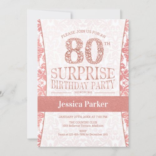 Surprise 80th Birthday Party _ Rose Gold White Invitation