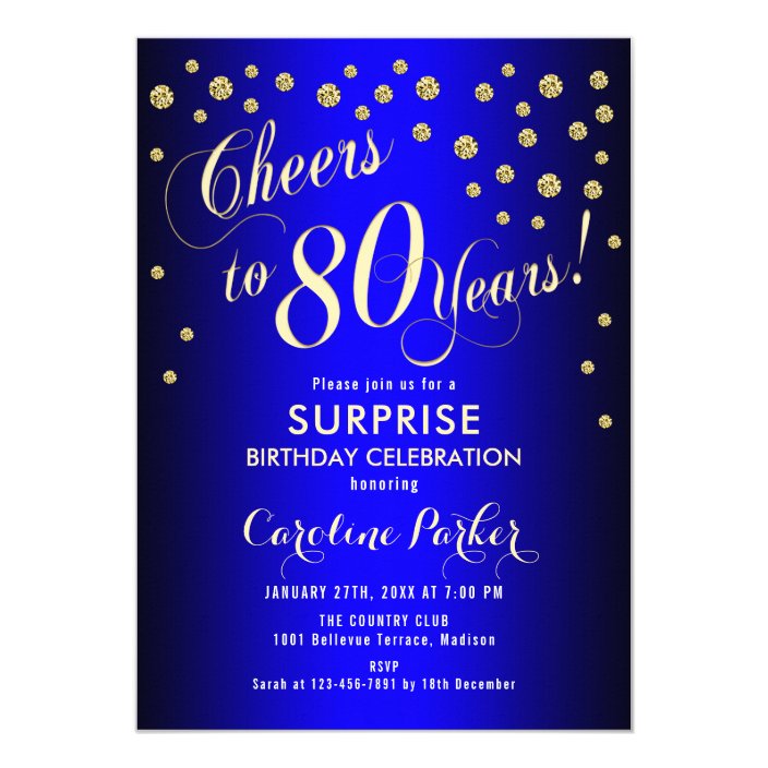 Surprise 80th Birthday Party - Royal Blue Gold Invitation | Zazzle.com