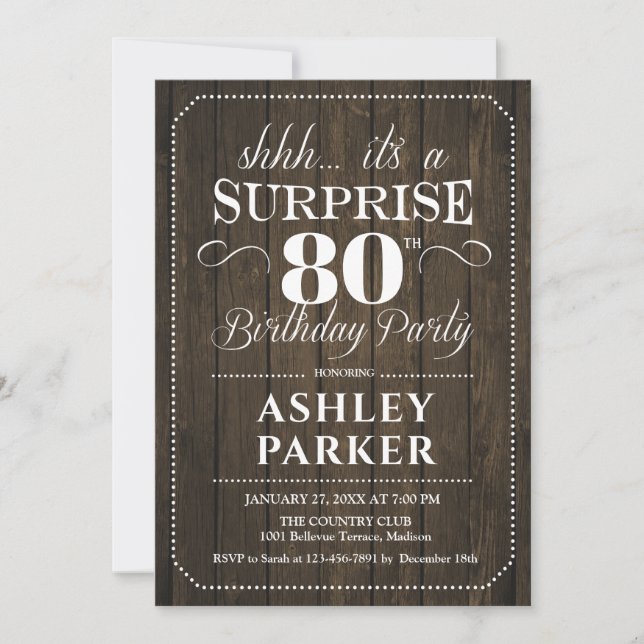 Surprise 80th Birthday Party - Rustic Wood Invitation (Front)
