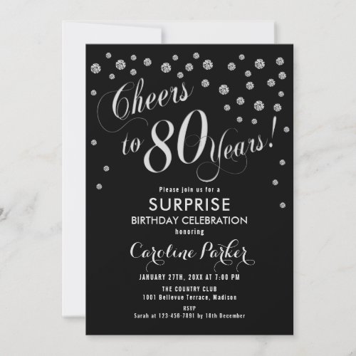 Surprise 80th Birthday Party _ Silver Black Invitation