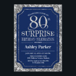Surprise 80th Birthday Party - Silver Navy Blue Invitation<br><div class="desc">Surprise 80th Birthday Celebration Invitation.
Elegant classy design in navy blue and faux glitter silver pattern. Features elegant script font. Message me if you need further customization.</div>