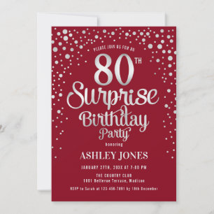 Surprise 80th Birthday Party - Silver & Red Invitation