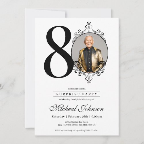 Surprise 80th Birthday Party Simple Elegant Photo Invitation