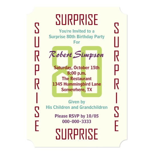 surprise 80th birthday party ticket 80 invitation zazzle com surprise 80th birthday invitation wording