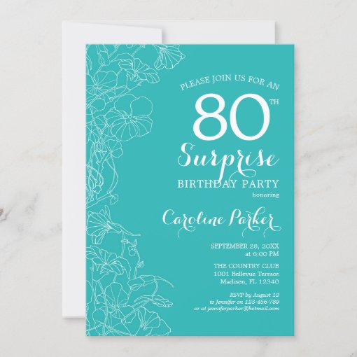 Surprise 80th Birthday Party Turquoise Floral Invitation Zazzle