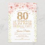 Surprise 80th Birthday Party - White Gold Pink Invitation<br><div class="desc">Surprise 80th Birthday Party Invitation.
Elegant design in faux glitter gold,  white and pink. Features confetti,  script font and watercolor blush pink flowers. Message me if you need further customization.</div>