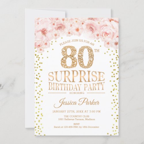 Surprise 80th Birthday Party _ White Gold Pink Invitation