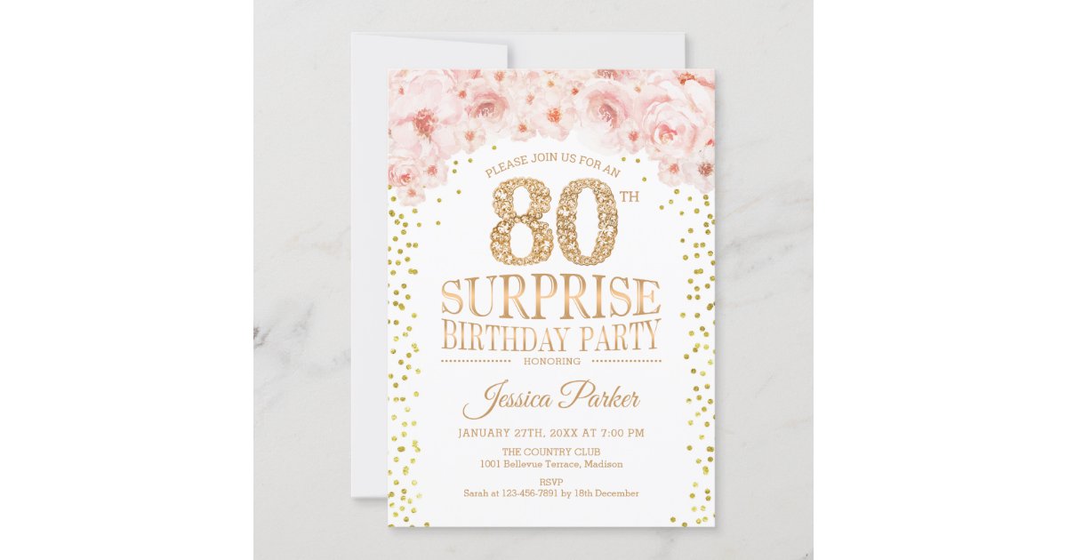 Surprise 80th Birthday Party White Gold Pink Invitation Zazzle