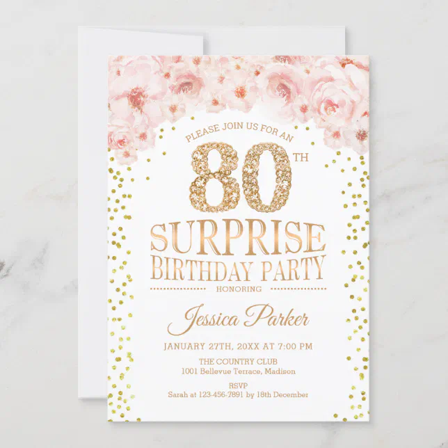 Surprise 80th Birthday Party - White Gold Pink Invitation | Zazzle