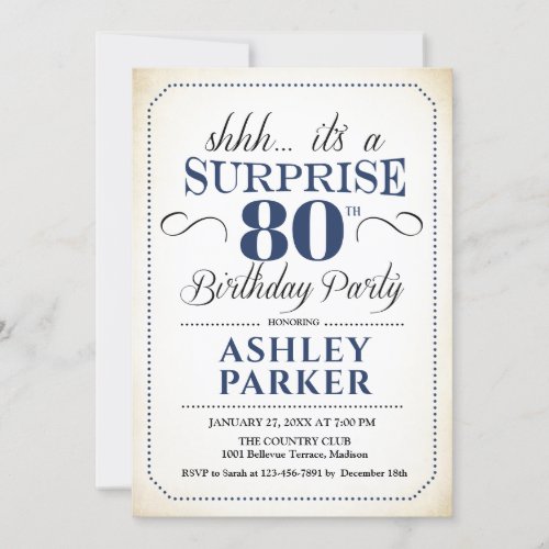 Surprise 80th Birthday Party _ White Navy Invitation