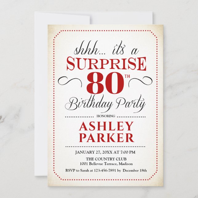 Surprise 80th Birthday Party - White Red Black Invitation (Front)