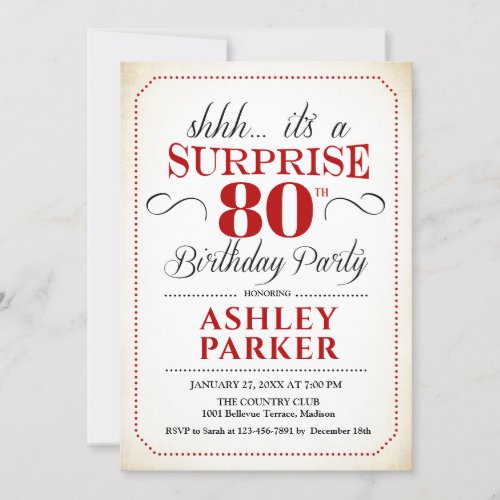 Surprise 80th Birthday Party _ White Red Black Invitation