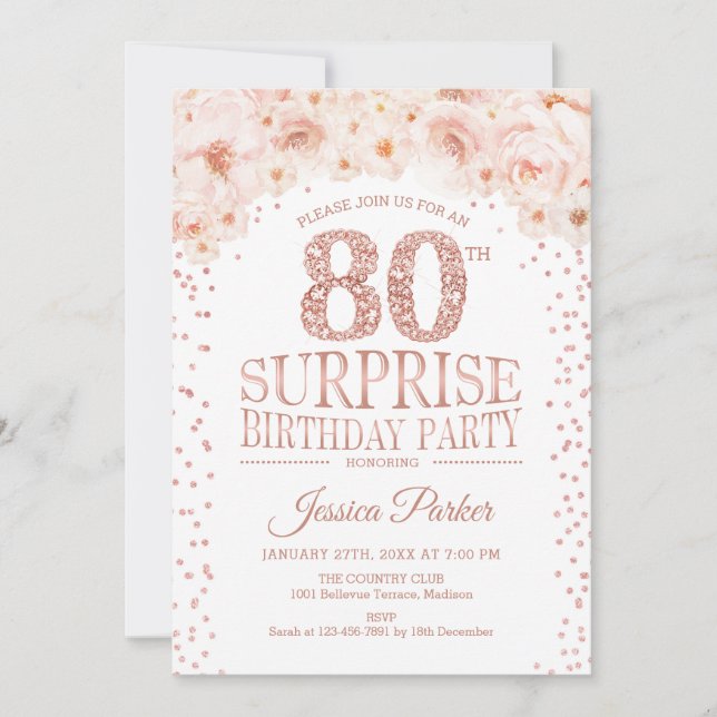 Surprise 80th Birthday Party - White Rose Gold Invitation (Front)