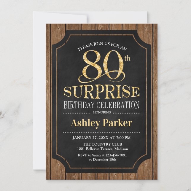 Surprise 80th Birthday Party - Wood Gold Invitation (Front)